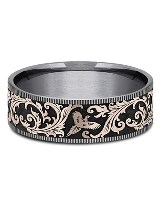 Gentlemen's Pheasant Scroll Thin Edge Comfort Fit Band in Yellow Gold and Tantalum